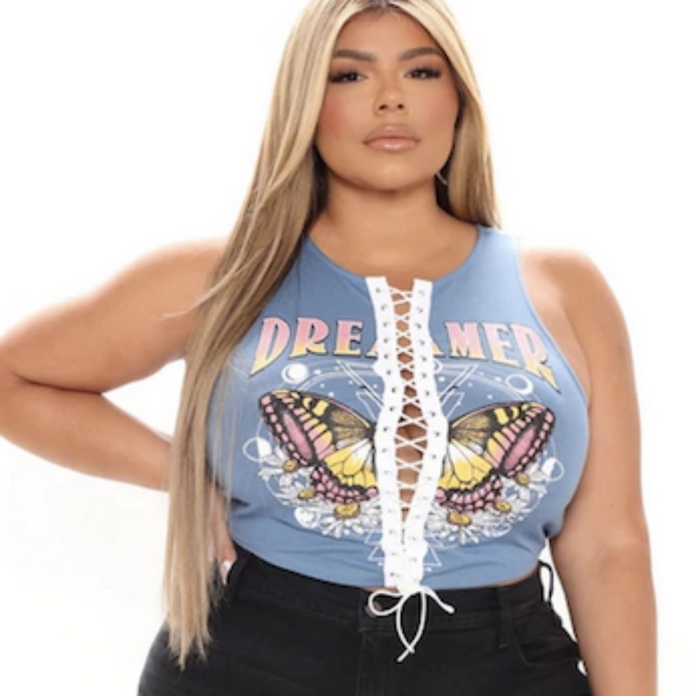 💰2 for $20 NWT Fashion Nova Women She's A Dreamer Lace Up Cropped Top - Blue